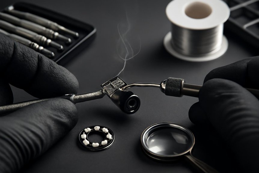 DIY inspection camera assembly with tools, smoke rising, and detailed components on a dark workspace.