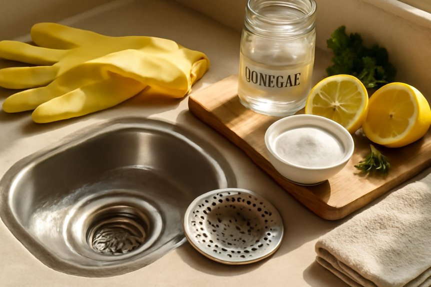 Eco-friendly drain maintenance setup with yellow gloves, lemon halves, salt in a bowl, and a jar of water beside a stainless steel sink and drain strainer.