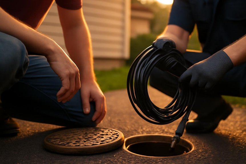 Technician preparing sewer camera equipment near open manhole, illustrating sewer inspection process and cost considerations.